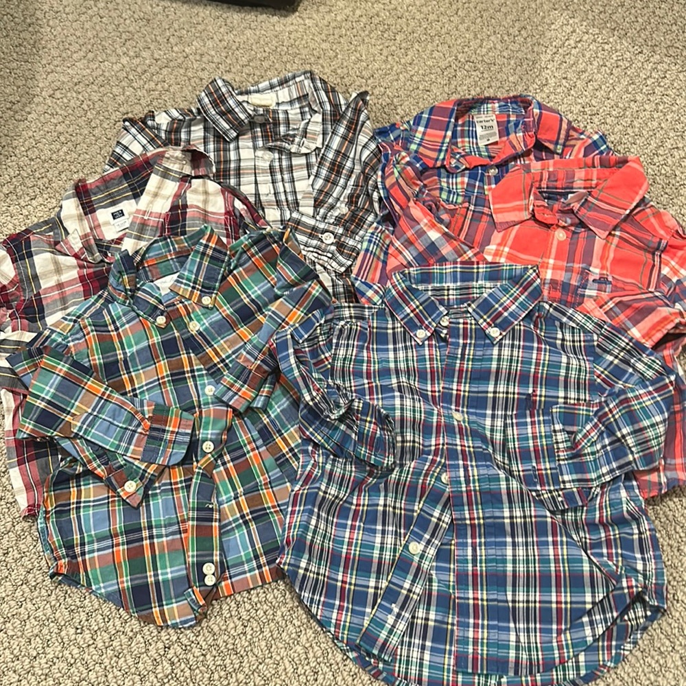 12 MONTHS - Six plaid button down shirts. Boys. Size 12 months. Assorted brands